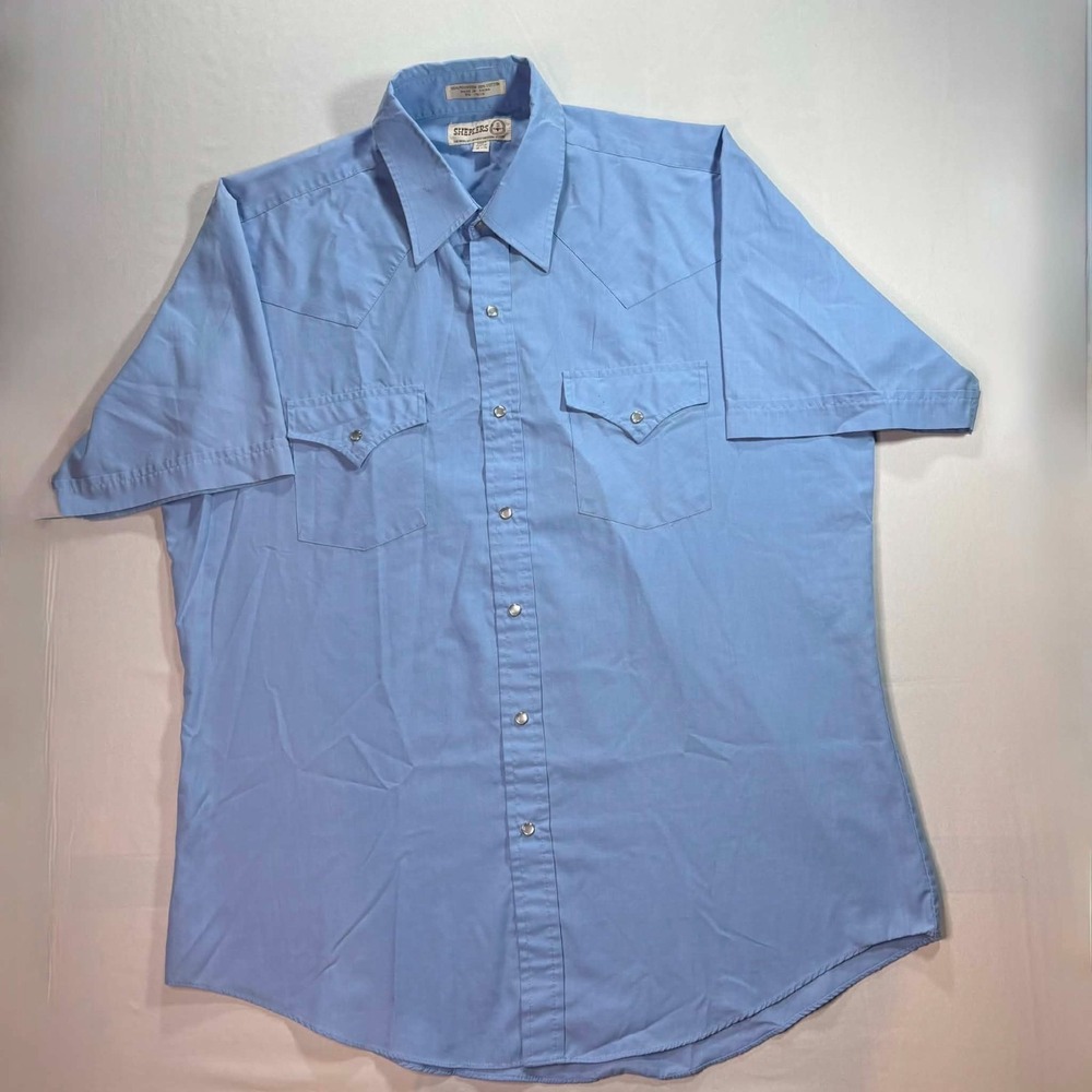 Sheplers Vintage Men 16.5 L XL Western Pearl Snap Shirt Light Blue Short Sleeve